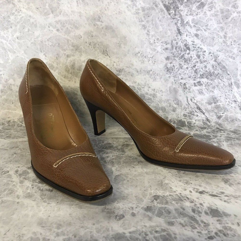 Salvatore Ferragamo Brown Leather Pumps w/ Stiching 3" Heel Size 8.5 4A